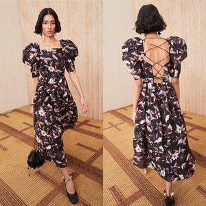 Ulla Johnson Black and Pink Floral Midi Dress